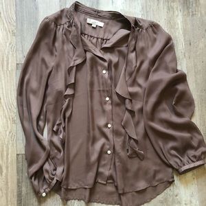 LOFT Ruffle Bow Neck Button Up Blouse